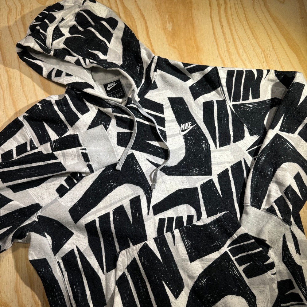 Nike Sportswear Mens Scribble All Over Print Logo Pullover Hoodie Black White L